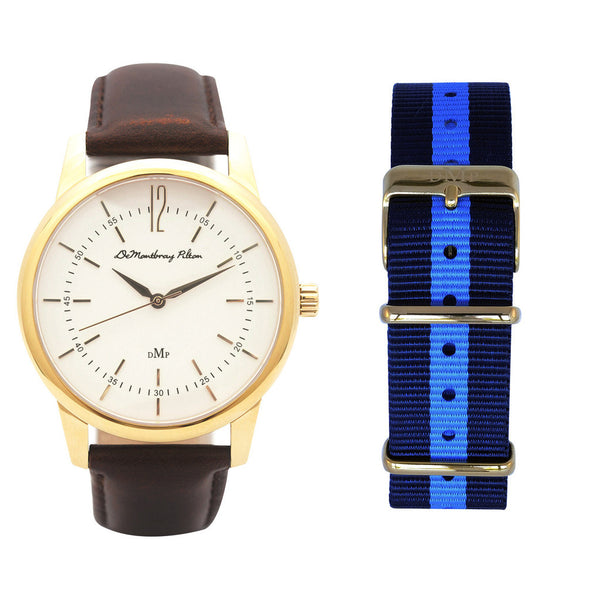 Australian Designer Gold Watch Fob Brown Leather strap Blue Nato Strap Luxury