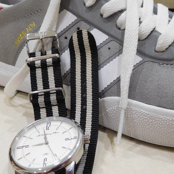 Cool Adidas Sneaks Adidas Kicks  Australian Designer Silver Watch Fob Black Leather strap Blue Nato Strap Luxury